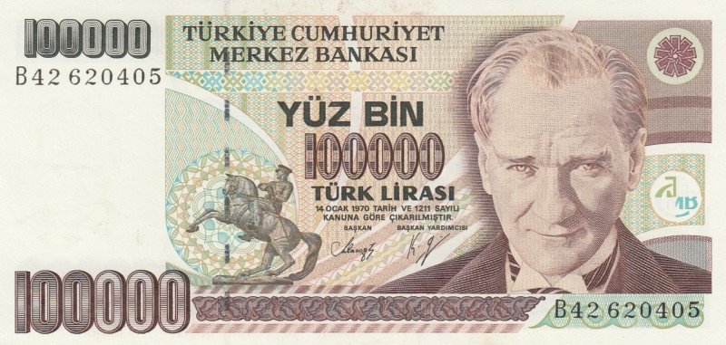 Turkey, 100.000 Lira, 1991, UNC, p205a
serial number: B42 620405
Estimate: $30...