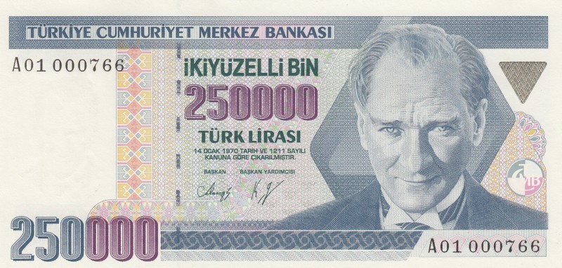 Turkey, 250.000 Lira, 1992, UNC, p206, "A01"
serial number: A01 000766, low ser...