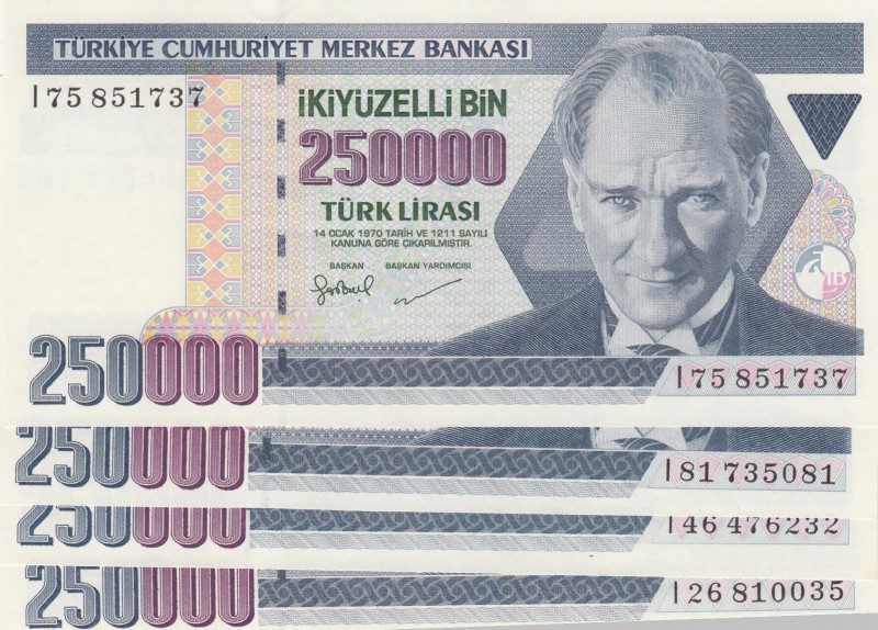 Turkey, 250.000 Lira, 1998, UNC, p211, (Total 4 banknotes)
prefix numbers: I75,...