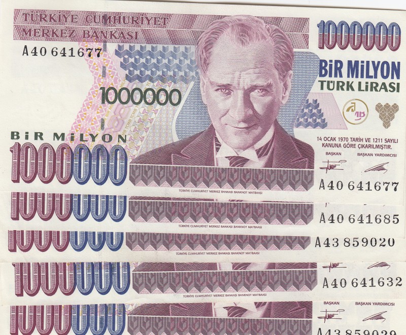 Turkey, 1.000.000 Lira, 1995, AUNC, p209a, (Total 5 banknotes)
A40 and A43 pref...