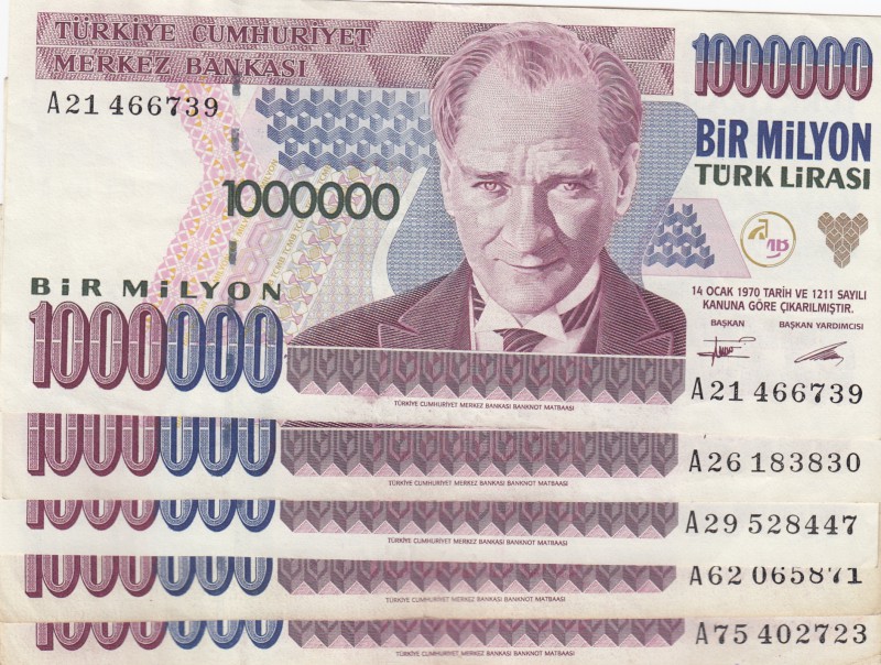 Turkey, 1.000.000 Lira, 1995, XF, p209a, (Total 5 banknotes)
A21, A26, A29, A62...