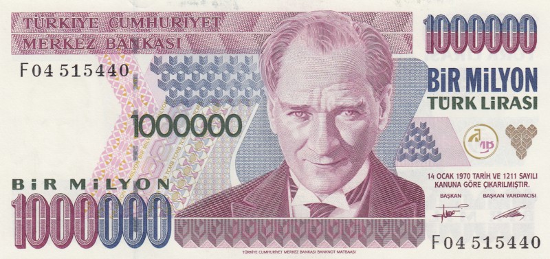 Turkey, 1.000.000 Lira, 1995, UNC, p209a
serial number: F04 515440
Estimate: $...