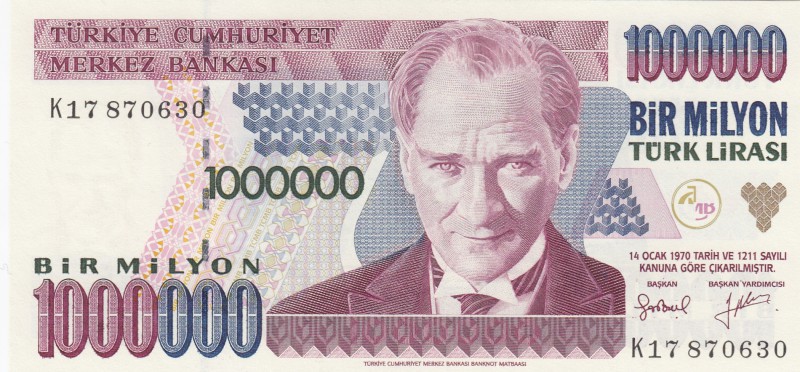 Turkey, 1.000.000 Lira, 1996, UNC, p209a
serial number: K17 870630
Estimate: $...