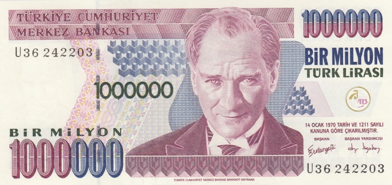 Turkey, 1.000.000 Lira, 2002, UNC, p209a
serial number: U36 242203
Estimate: $...