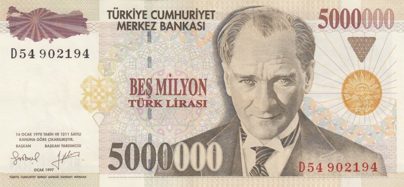 Turkey, 5.000.000 Lira, 1997, AUNC, p210b
serial number: D54 902194
Estimate: ...