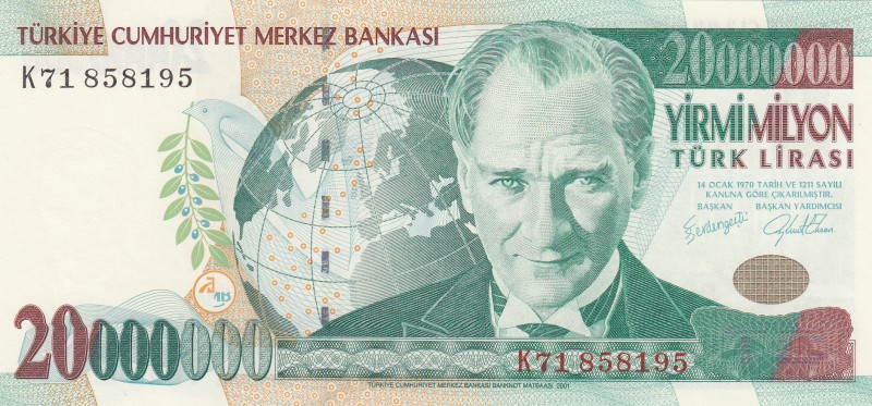 Turkey, 20.000.000 Lira, 2001, UNC, p215
serial number: K71 858195
Estimate: $...