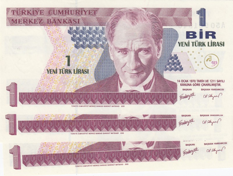 Turkey, 1 New Turkish Lira, 2005, UNC, p216, (Total 3 banknotes)
prefix numbers...