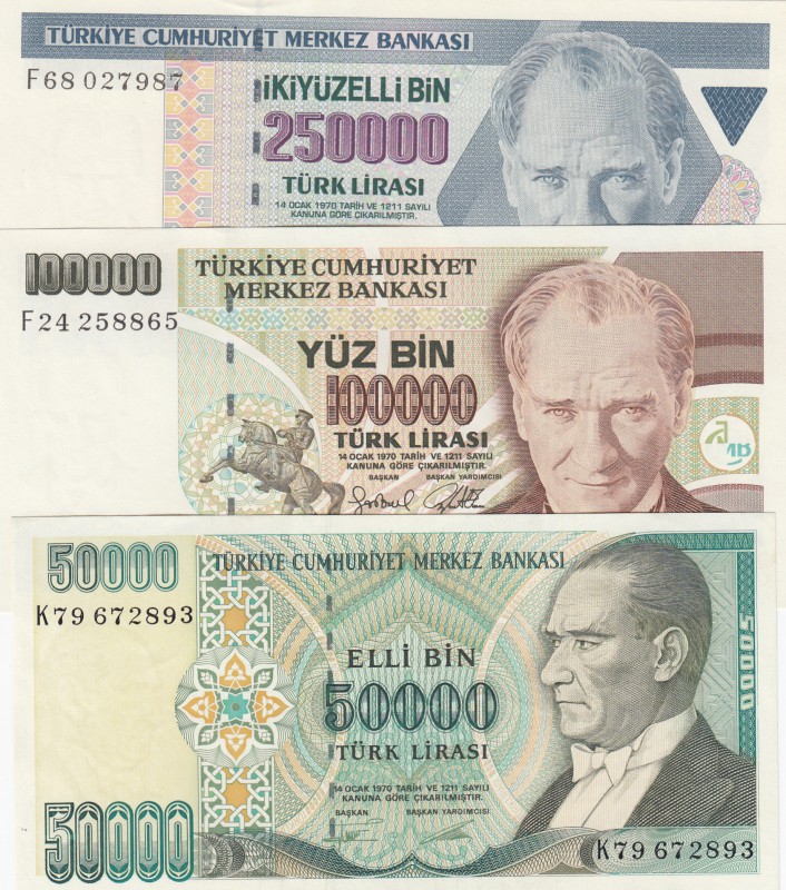 Turkey, 50.000 Lİra,1995-1998, UNC, 7. Emission, p204 / p205b / p211, (Total 3 b...