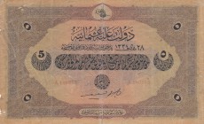 Turkey, Ottoman Empire, 5 Lira, 1918, VF (+), p109b, Cavid / Cavid
V. Mehmed Reşad period, sign: Cavid / Hüseyin Cahid, AH: 28 March 1334, serial num...