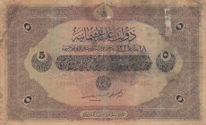 Turkey, Ottoman Empire, 5 Lira, 1918, VF (-), p109b, Cavid / Cavid
V. Mehmed Reşad period, sign: Cavid / Hüseyin Cahid, AH: 28 March 1334, serial num...