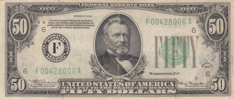 United States Of America, 50 Dollars, 1934, XF (-), P432l
serial number: F 0042...