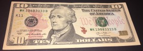 United States Of America, 10 Dollars, 2003, XF, p518
serial number: MK 19883333B
Estimate: $10-15