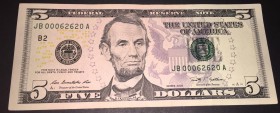United States Of America, 5 Dollars, 2009, XF, p531
serial number: JB 00062620A
Estimate: $10-15