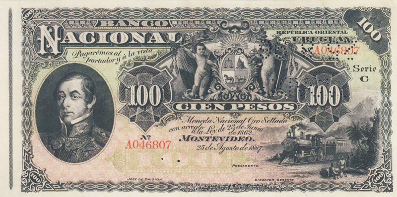 Uruguay, 100 Pesos, 1887, UNC, pA96
serial number: A 046807
Estimate: $500-100...