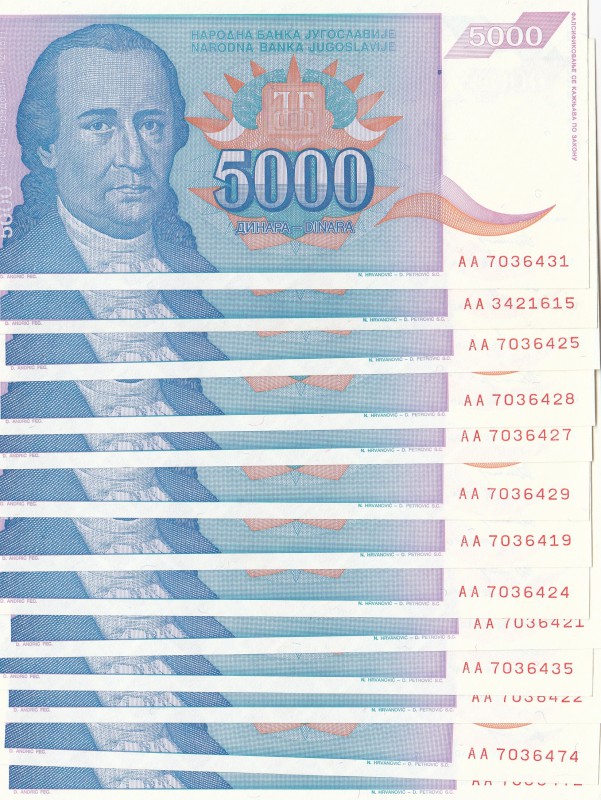 Yugoslavia, 5000 Dinara, 1994, UNC, p141, (Total 13 banknotes)
Estimate: $5-10