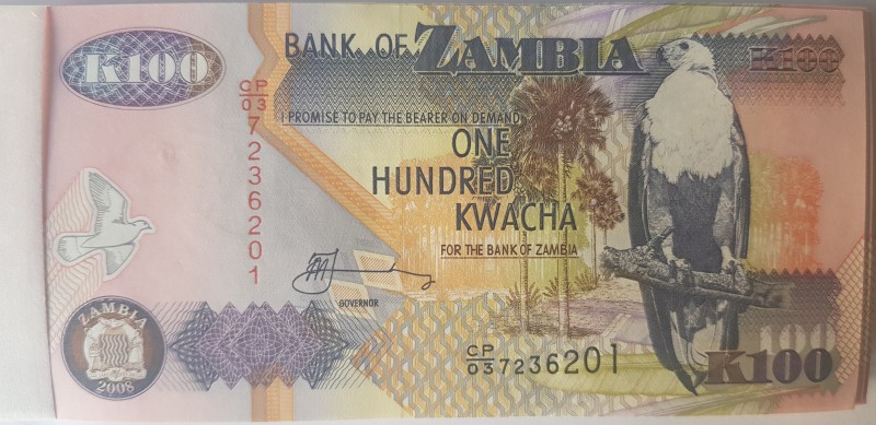 Zambia, 100 Kwacha, 2006, UNC, p38f, BUNDLE
100 pieces consecutive banknotes
E...