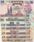 Zambia, 2 Kwacha 5 Kwacha (3), 10 Kwacha, 20 Kwacha and 50 Kwacha, 1980-1996, UNC, (Total 7 banknotes
Estimate: $25-50
