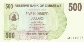 Zimbabwe, 500 Dollars, 2007, UNC, p43
Bearer Cheque, serial number: AG 7408707
Estimate: $5-10