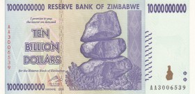 Zimbabwe, 10.000.000.000 Dollars, 2008, UNC, p85
serial number: AA 3006539, Ten Billion Dollars
Estimate: $5-10