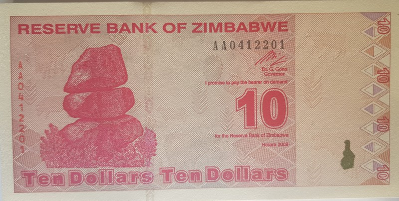 Zimbabwe, 10 Dollars, 2009, UNC, p94, BUNDLE
100 pieces consecutive banknotes
...