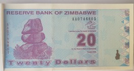Zimbabwe, 20 Dollars, 2009, UNC, p95, BUNDLE
100 pieces consecutive banknotes
Estimate: $50-100