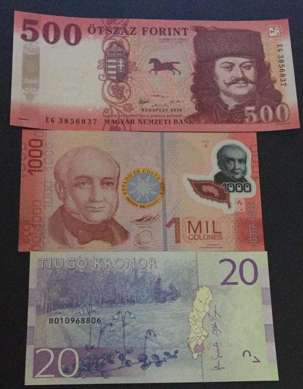 Sweden, 20 Kronor, 2015; Hungary 500 Forint 2018; Costa Rica 1000 Colones 2009 a...
