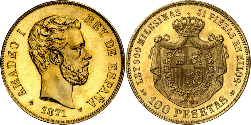 1871*1871. Amadeo I. SDM. 100 pesetas. (AC. 12). Oro rojizo. En canto: JUSTICIAY...