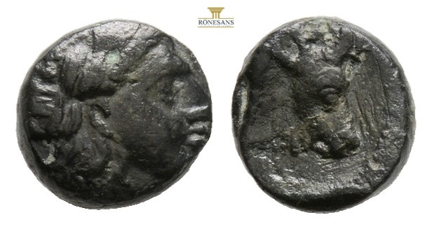 LESBOS. Mytilene. Circa 400-350 BC. AE, 0,64g 7,9mm
Obv: Laureate head of Apoll ...