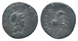 PHRYGIA. Kibyra, circa 2nd-1st century BC. AE Obv: Male bust right wearing crested helmet Rev: ΚΙΒΥΡΑΤΩΝ, forepart of horse monogram behind and front....
