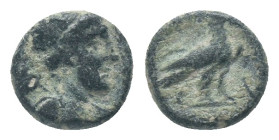 PHRYGIA. Kibyra, 2nd-1st centuries BC. AE
Obv: Helmeted head of Athena right.
Rev: K - I., Eagle standing right on thunderbolt. Condition: Good very...