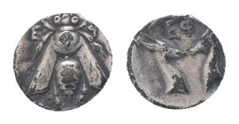 IONIA, Ephesos, Obol, ca 390-330 BC. AR Obv: Bee with straight wings within dotted circle Rev: Two stag heads confronted Condition: Good very fine
We...