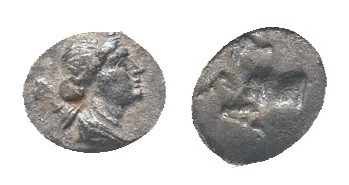 IONIA, Ephesos, Obol, ca 245-202 BC. AR Obv: Draped bust of Artemis right; bow a...