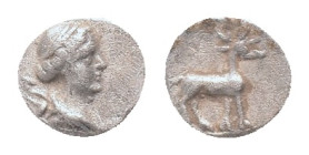 IONIA, Ephesos. Obol, Circa 245-202 BC. AR Obv: Draped bust of Artemis right; bow and quiver over shoulder. Rev:Stag standing right. Condition: Good v...