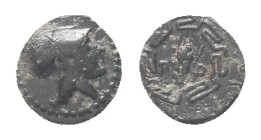 IONIA, Priene, Circa 350-340 BC. Chalkous Obv: Head of Athena to right, wearing Corinthian helmet. Rev. Π-P Grain ear within maeander pattern Conditio...