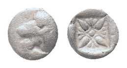 IONIA, Miletos, obol, late 6th century BC. AR Obv: Forepart of roaring lion right, head reverted. Rev: Star-shaped ornament in square incuse Condition...