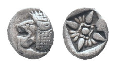 IONIA, Miletos, obol, late 6th century BC. AR Obv: Forepart of roaring lion right, head reverted. Rev: Star-shaped ornament in square incuse Condition...