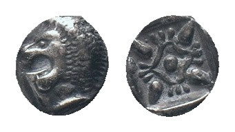 IONIA, Miletos, obol, late 6th century BC. AR Obv: Forepart of roaring lion righ...