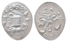 LYDIA. Tralleis. Cistophor (189-133 BC). Obv: Cista mystica with serpent; all within ivy wreath. Rev: TPAΛ. Bow case between two serpents. Controls: S...
