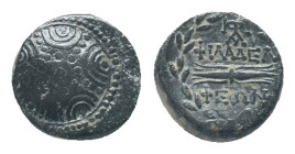 LYDIA. Philadelphia, 2nd-1st centuries BC. AE Obv: Macedonian shield.
Rev: [ΦΙΛΑΔΕΛ] / ΦΕΩΝ,Thunderbolt diving legend; monogram above; all within wre...