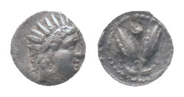 ISLANDS of CARIA. Rhodos. Rhodes. Circa 275-250 BC. Diobol, AR Obv: Radiate head of Helios to right. Rev. Two rose buds; above, helmet. Condition: Goo...