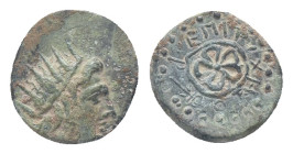 ISLANDS OFF CARIA, Rhodos. Rhodes. Early 1st century AD., Epityches. Obv: Radiate head of Helios to right. Rev. EΠITYXHΣ / P-O Rose seen from above; t...