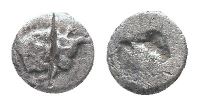 CARIA. Uncertain. 5th century BC. AR. Diobol? Obv: Head and neck of bull right R...