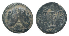 CARIA. Mylasa, Eupolemos, strategos 315-311 BC. AE Obv: Three overlapping shields, with spearheads on bosses Rev: EYΠOΛEMOY, sheathed sword, in left f...