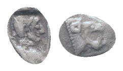 CARIA. Knidos. Circa 500-490 BC. AR, Obol Obv: Milesian standard. Head of a roaring lion to right. Rev. Head of Aphrodite to right, wearing pointed ca...