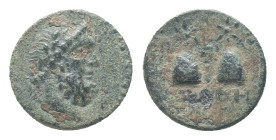 CARIA. Tabai. 1st century BC. AE. Unknown magistrate
Obv: Laureate head of Zeus to right. Rev: Caps of the Dioskouroi surmounted by stars Condition: ...