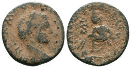 SYRIA, Seleucis and Pieria. Antioch. Elagabalus. AD 218-222. Æ 8 Assaria . Laureate head right / Tyche seated left on rock outcropping, holding palm b...