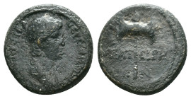 Roman Provincial CoinsLYDIA. Thyateira. Nero (54-68). Ae.Obv : NEPΩN KΛAVΔIOC KAICAP CEBA.Draped bust right.Rev : ΘYATEIPHNΩN.Double axe.RPC 2382....