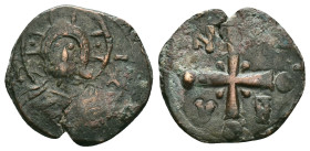 Byzantine
Nicephorus Basilacius. Usurper, 1078. Æ Follis . Thessalonica mint. Facing bust of Christ Pantokrator / Jeweled patriarchal cross with cent...