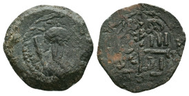 CRUSADERS, Antioch. Tancred. Regent, 1101-03, 1104-12. Æ Follis . Second type. Bust of Tancred facing, wearing turban, holding sword / Cross pommetée,...