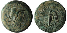 CILICIA. Seleukeia. (2nd-1st century BC)
AE Bronze (25mm, 9,19g)
Obv: Head of Athena to right, wearing crested Corinthian helmet; ZY-E behind, branch ...